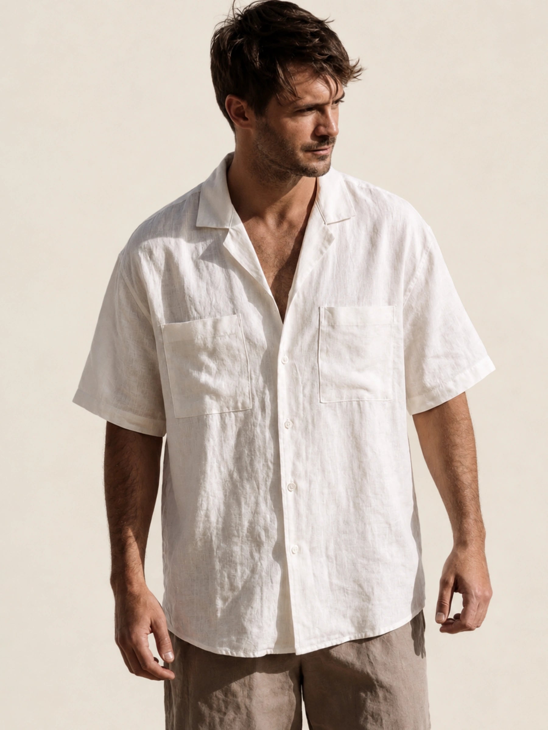 100% Linen Cuban Collar Short Sleeve Shirt
