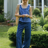 100% Linen Drawstring Rufflle Neckline Button Down Tank Top