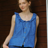 100% Linen Drawstring Rufflle Neckline Button Down Tank Top