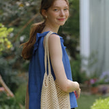 100% Linen Drawstring Rufflle Neckline Button Down Tank Top