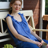 100% Linen Drawstring Rufflle Neckline Button Down Tank Top