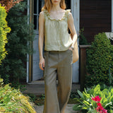 100% Linen Drawstring Rufflle Neckline Button Down Tank Top