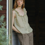 100% Linen Drawstring Rufflle Neckline Button Down Tank Top