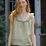 100% Linen Drawstring Rufflle Neckline Button Down Tank Top