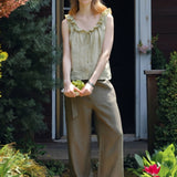 100% Linen Drawstring Rufflle Neckline Button Down Tank Top