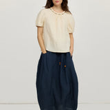 100% Linen Drawstring Waist Bubble Maxi Skirt