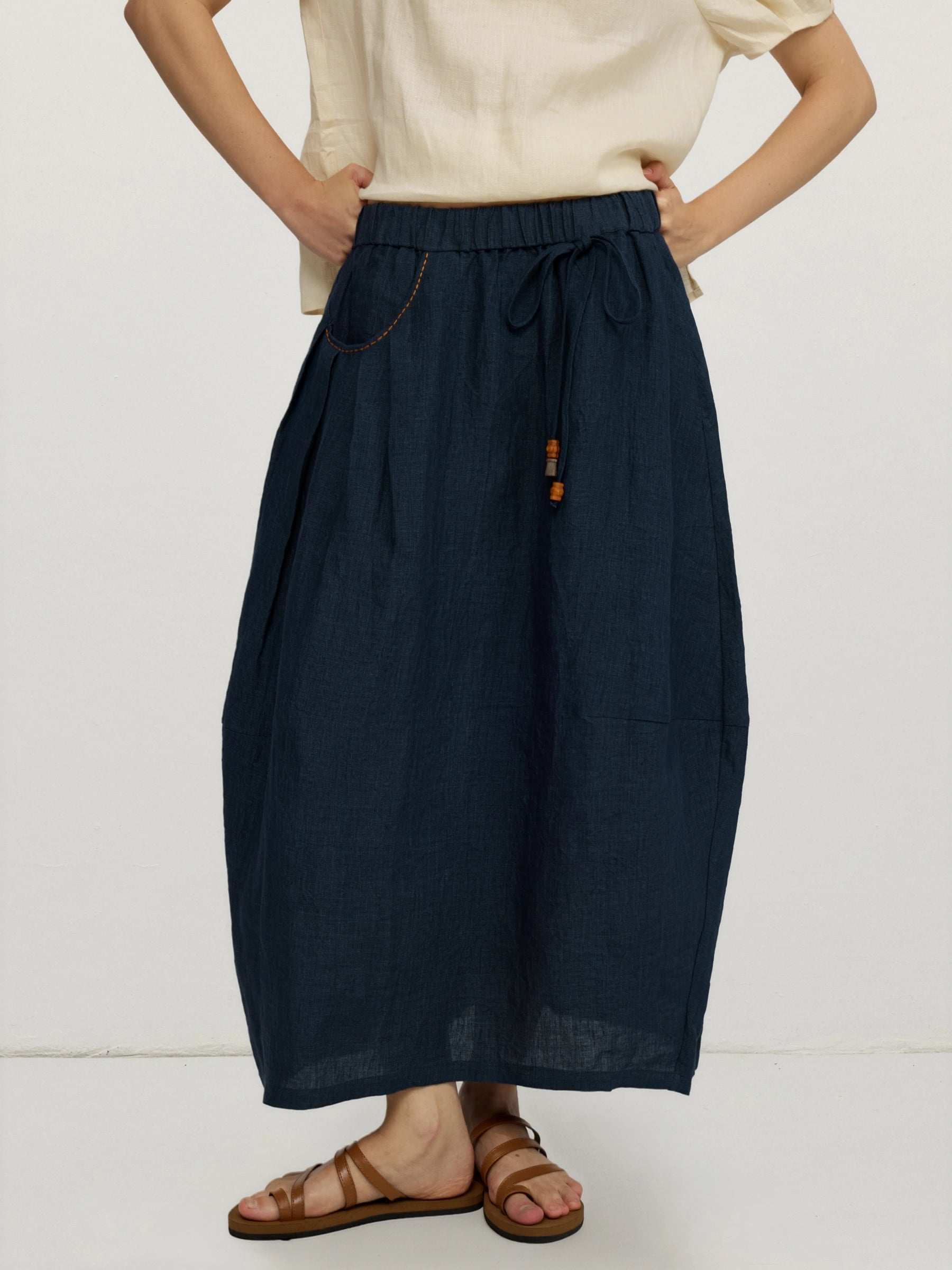 100% Linen Drawstring Waist Bubble Maxi Skirt