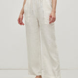 100% Linen Drawstring Waist Patch Pockets Straight Leg Pants