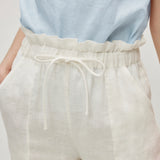 100% Linen Drawstring Waist Patch Pockets Straight Leg Pants