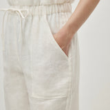 100% Linen Drawstring Waist Patch Pockets Straight Leg Pants