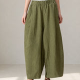 100% Linen Elastic-Waist Curved-Leg Pants