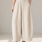 100% Linen Elastic-Waist Curved-Leg Pants