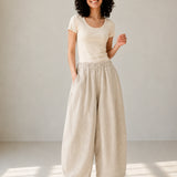 100% Linen Elastic-Waist Curved-Leg Pants