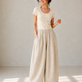 100% Linen Elastic-Waist Curved-Leg Pants