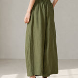 100% Linen Elastic-Waist Curved-Leg Pants