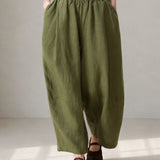 100% Linen Elastic-Waist Curved-Leg Pants
