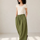 100% Linen Elastic-Waist Curved-Leg Pants