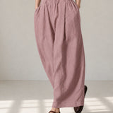 100% Linen Elastic-Waist Curved-Leg Pants