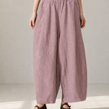 100% Linen Elastic-Waist Curved-Leg Pants