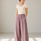 100% Linen Elastic-Waist Curved-Leg Pants