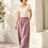 100% Linen Elastic-Waist Curved-Leg Pants