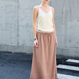 100% Linen Elastic Drawstring-Waist A-Line Maxi Skirt