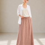 100% Linen Elastic Drawstring-Waist A-Line Maxi Skirt