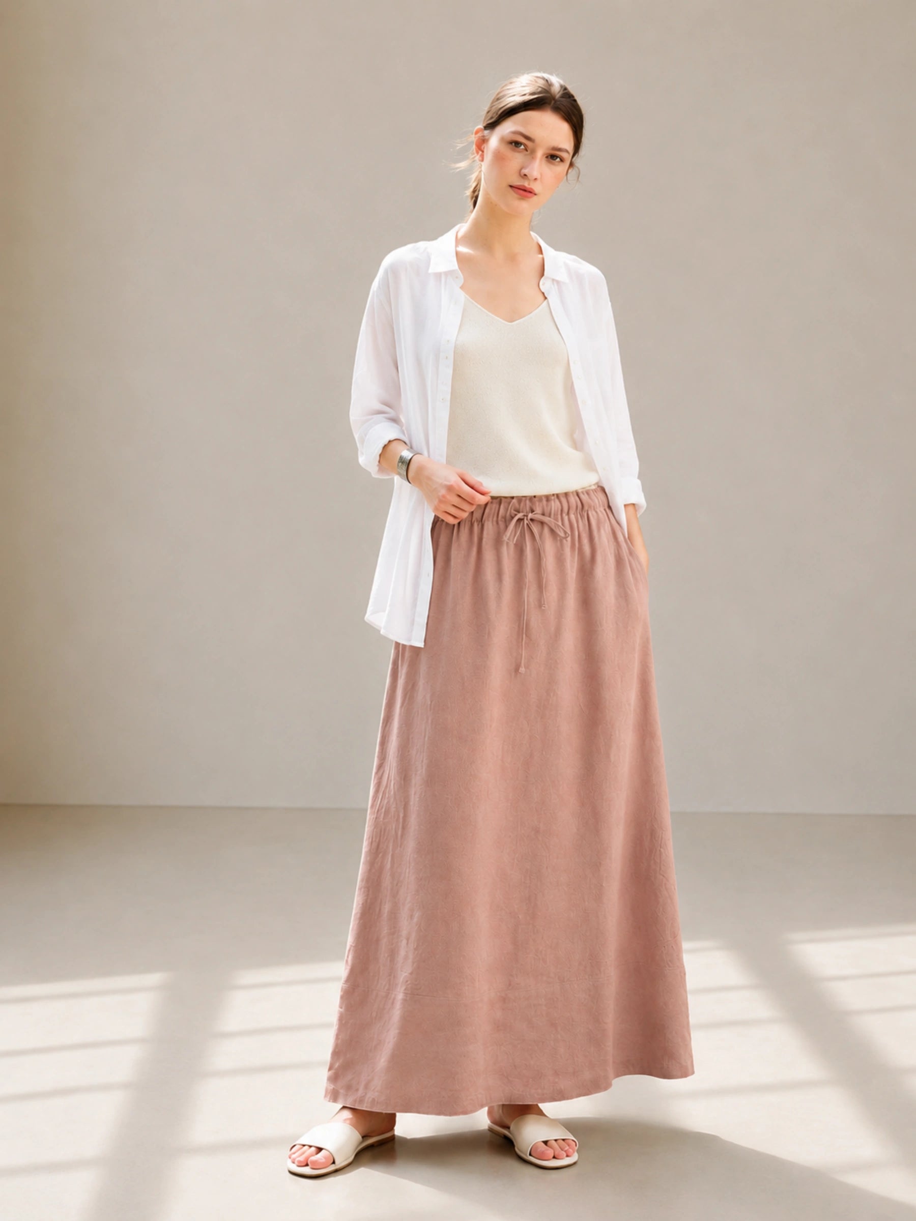 100% Linen Elastic Drawstring-Waist A-Line Maxi Skirt