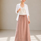 100% Linen Elastic Drawstring-Waist A-Line Maxi Skirt