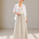 100% Linen Elastic Drawstring-Waist A-Line Maxi Skirt