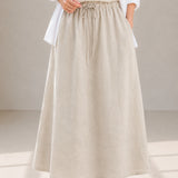 100% Linen Elastic Drawstring-Waist A-Line Maxi Skirt