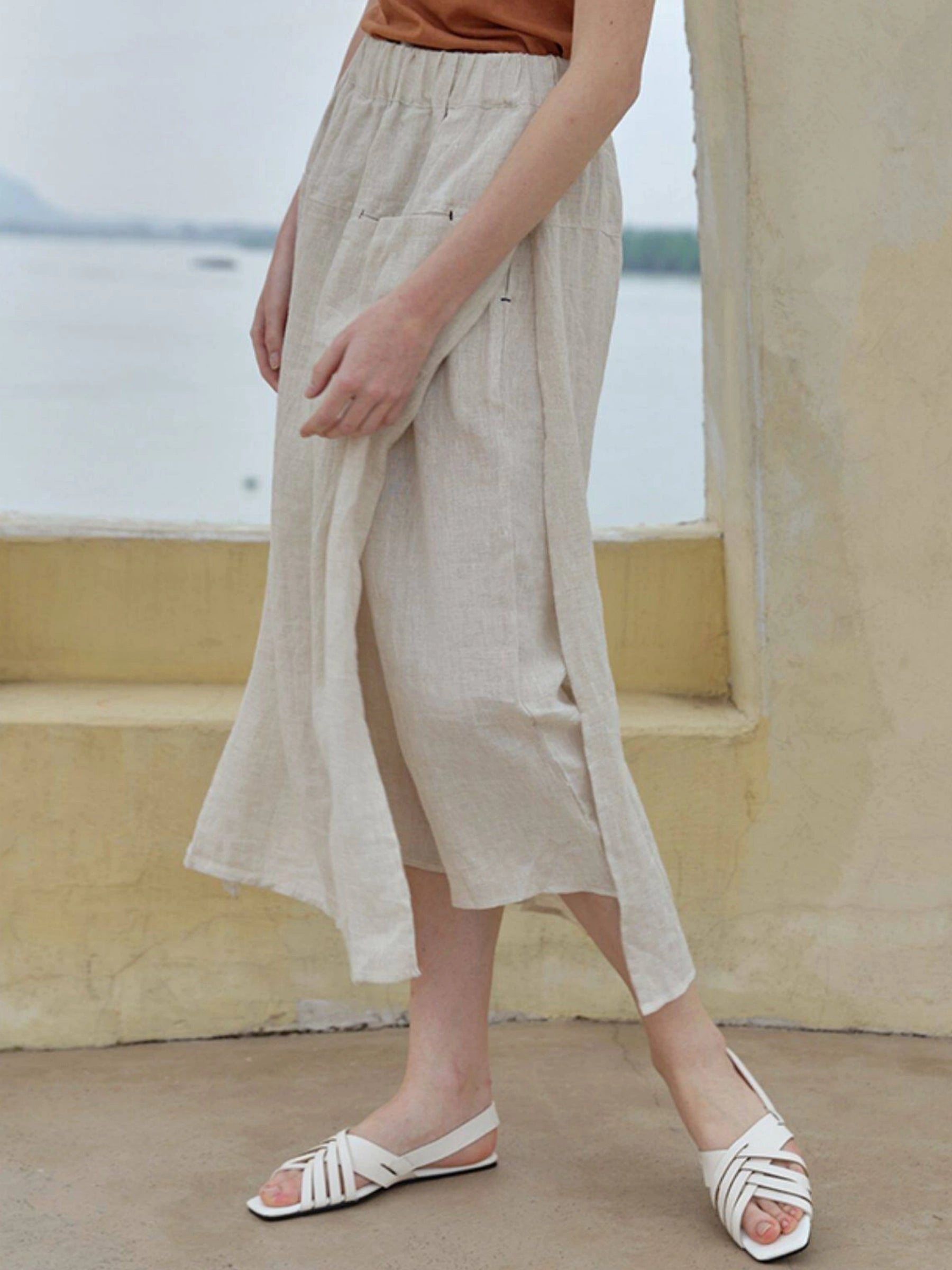 100% Linen Elastic Waist A-Line Capri Pants