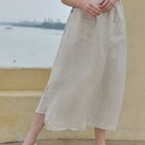 100% Linen Elastic Waist A-Line Capri Pants