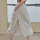 100% Linen Elastic Waist A-Line Capri Pants