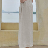 100% Linen Elastic Waist A-Line Capri Pants