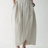 100% Linen Elastic Waist Asymmetric Wrap Pleated Maxi Skirt