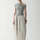 100% Linen Elastic Waist Asymmetric Wrap Pleated Maxi Skirt
