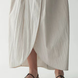 100% Linen Elastic Waist Asymmetric Wrap Pleated Maxi Skirt