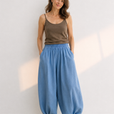 100% Linen Elastic Waist Button Cuff Harem Pants