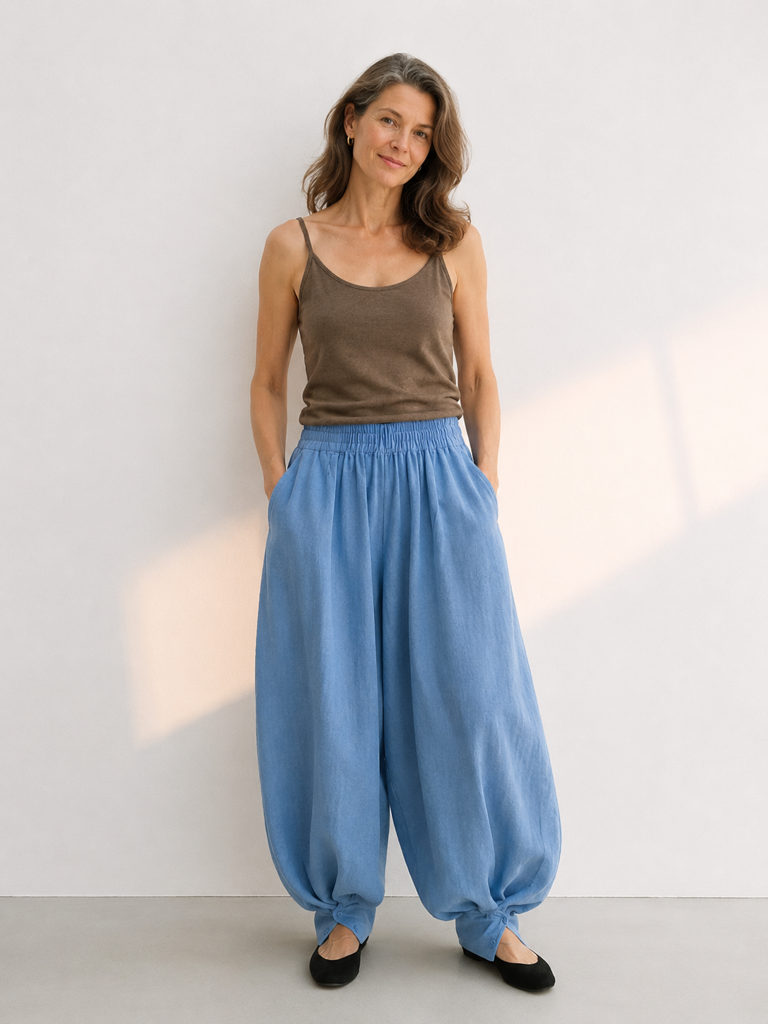 100% Linen Elastic Waist Button Cuff Harem Pants