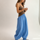 100% Linen Elastic Waist Button Cuff Harem Pants