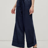 100% Linen Elastic Waist Embroidered Lace Straight Leg Pants