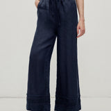 100% Linen Elastic Waist Embroidered Lace Straight Leg Pants