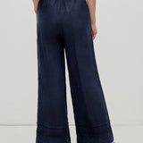 100% Linen Elastic Waist Embroidered Lace Straight Leg Pants