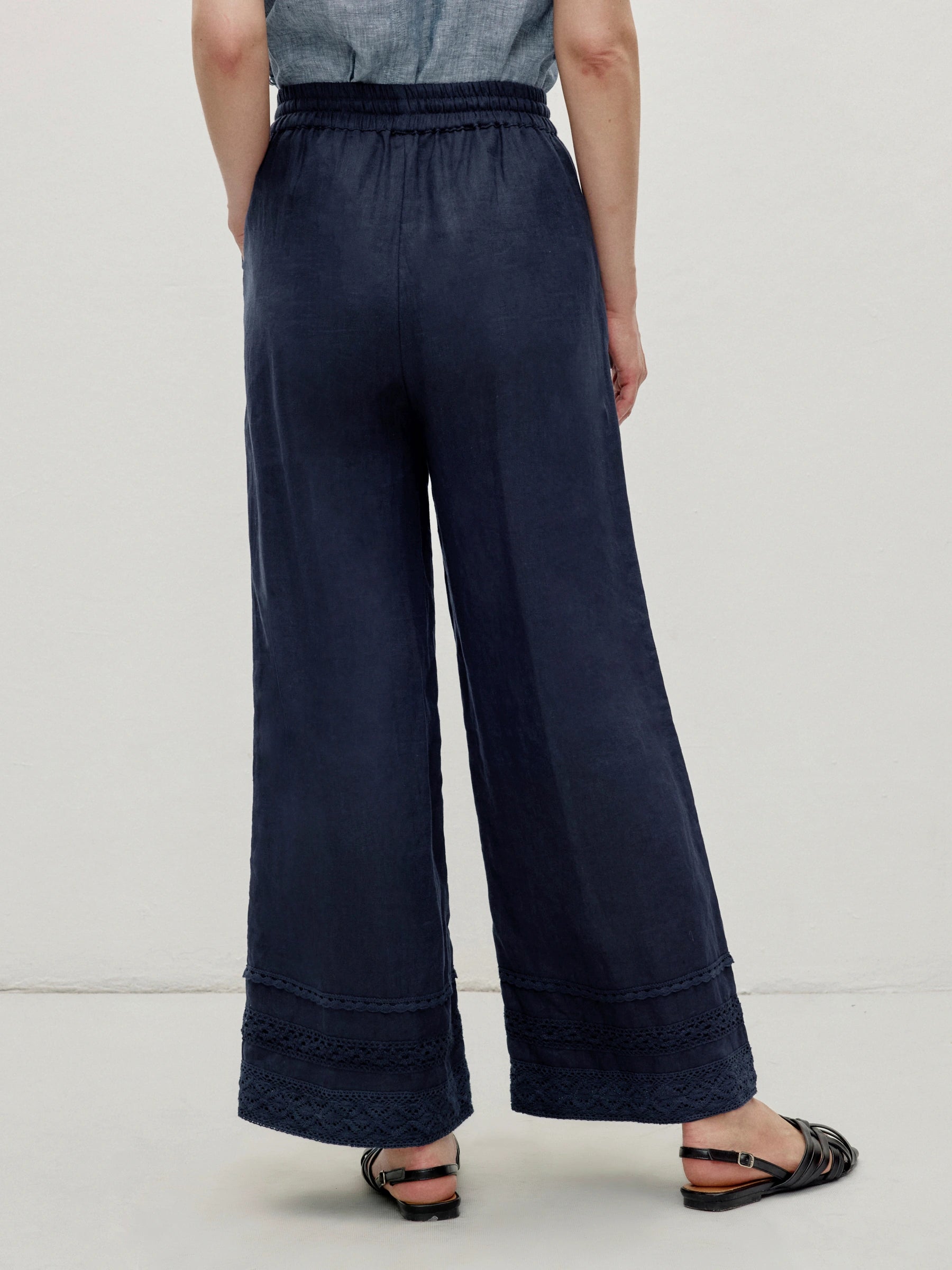 100% Linen Elastic Waist Embroidered Lace Straight Leg Pants