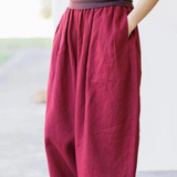 100% Linen Elastic Waist Pleated Side Pocket Cropped Harem Pants