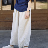 100% Linen Elastic Waist Pleated Side Pocket Cropped Harem Pants
