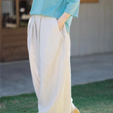 100% Linen Elastic Waist Pleated Side Pocket Cropped Harem Pants