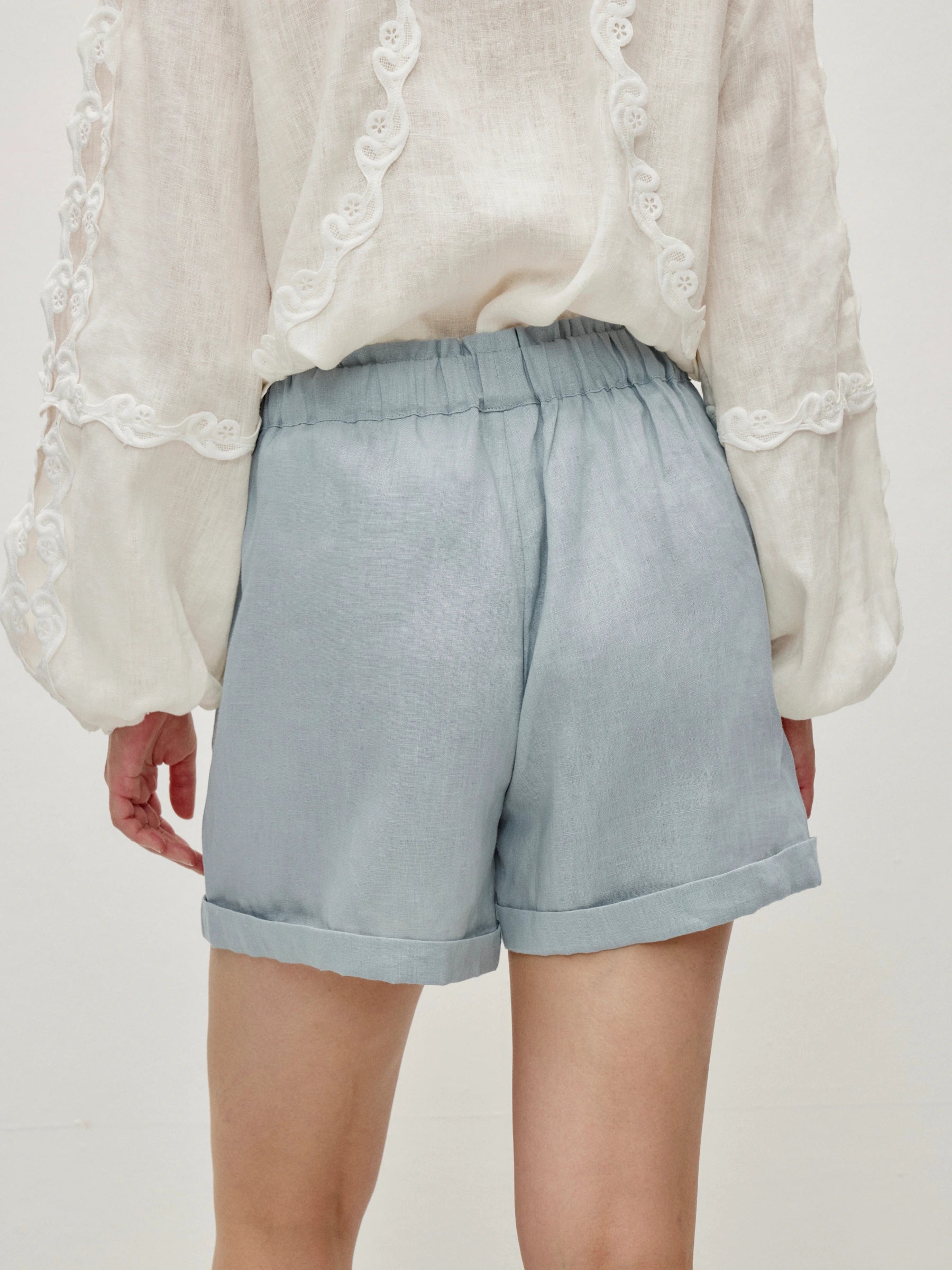 100% Linen Elastic Waist Rolled Hem Shorts