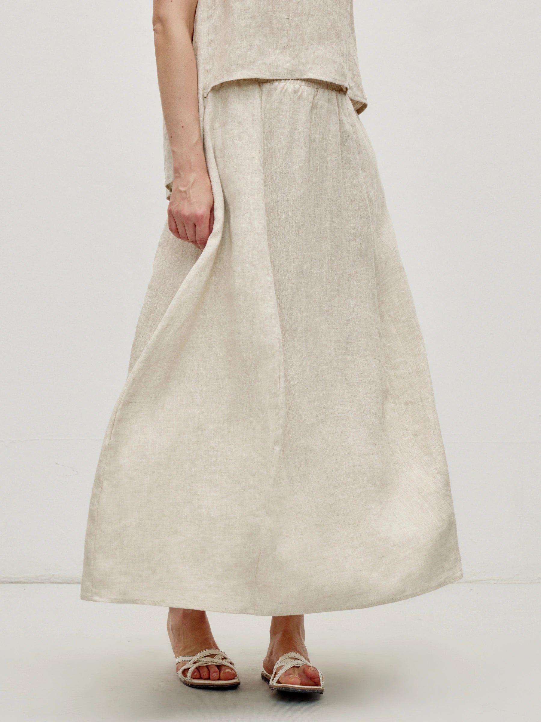 100% Linen Elastic Waist Side Pocket Maxi Skirt